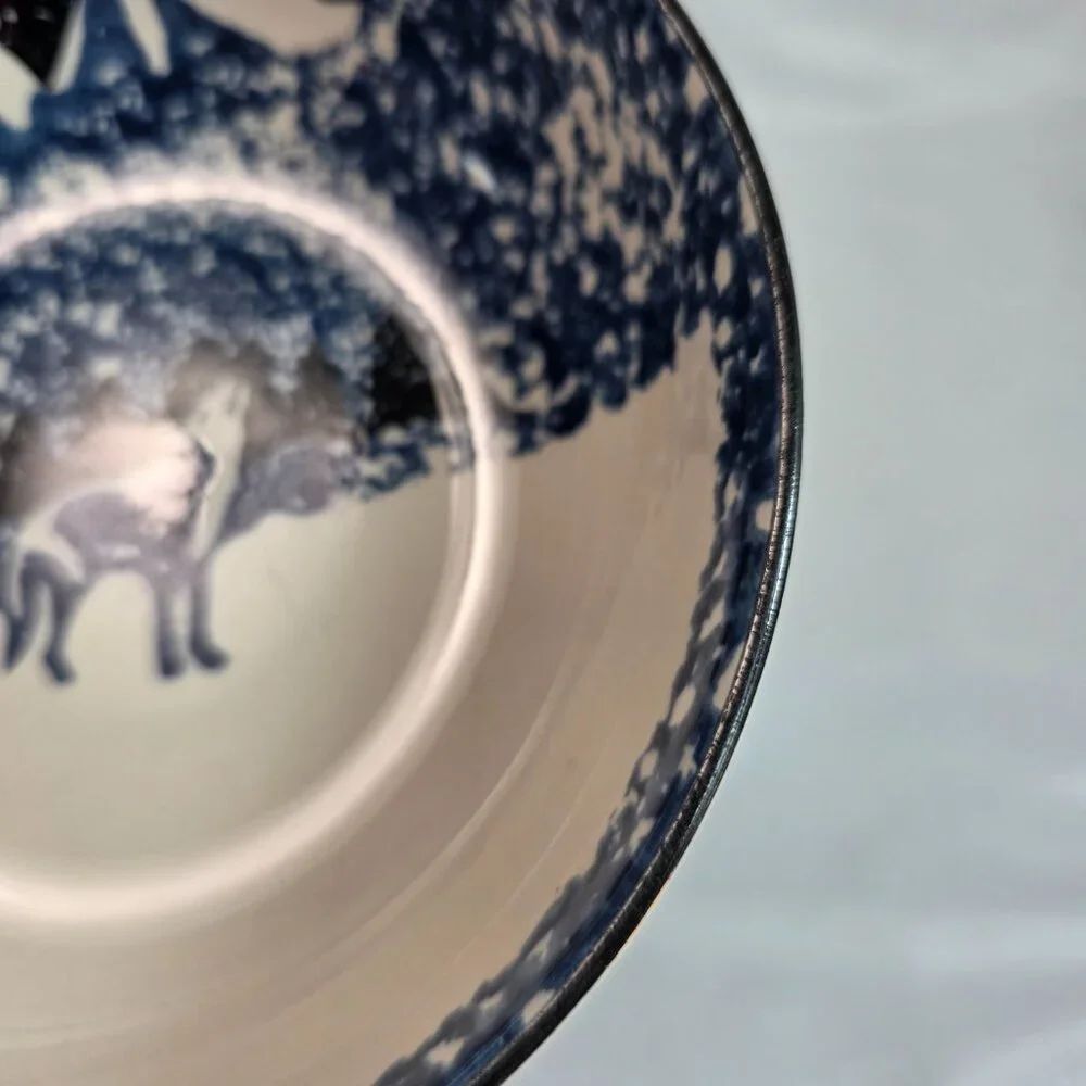 TWO Tienshan Folk Craft Wolf Coupe Cereal Bowls Blue Wolf & Sponge Rim